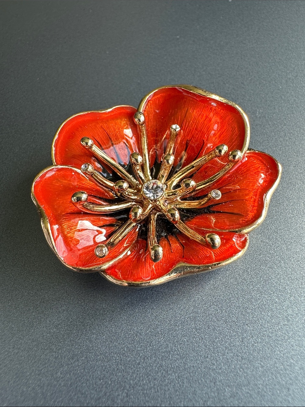 Vintage 60s MONET Signed Enamel Poppy Flower Brooch Orange Gold Rhinestone 2”